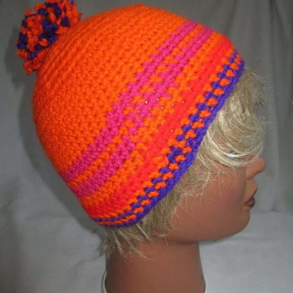 HAT Crochet New Handmade Hat 20"-22" Kids BOY GIRL WOMEN ORANGE PURPLE - Picture 4 of 5